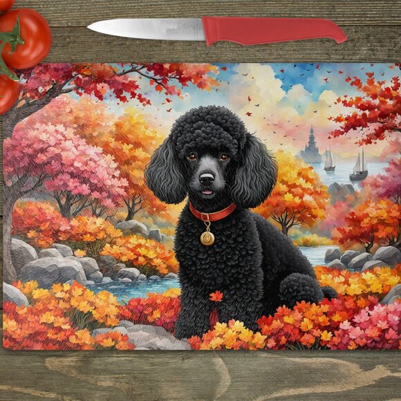 Black Poodle Dog Fall Kitchen Textured Tempered Glass Trivet/Cutting Board - Picture 1 of 2